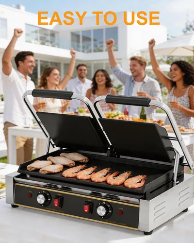 Vista 7 de Panini Press comercial - Parrilla eléctrica Panini de 3600 W, acero inoxidable, controles de temperatura duales, prensa doble sándwich con sartén
