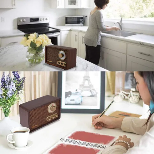 Vista 3 de LoopTone Radio FM AM Radio retro de madera con Bluetooth Play MP3 y antena integrada altavoz para cocina, sala de estar, café