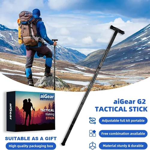 Vista 9 de aiGear G2 Tactical Hiking Stick, 5-Section Heavy Duty Walking Staff for Men Women, Aerospace-Grade Aluminum Alloy Trekking Poles with Integrated