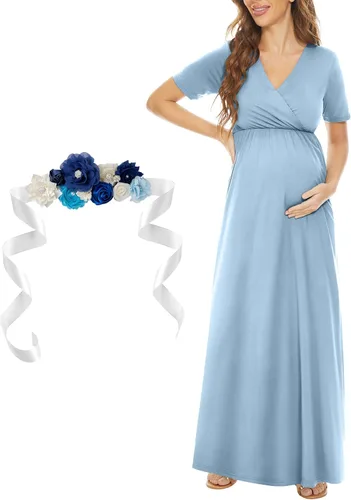 Vista 3 de Kim S Vestido largo de maternidad con banda de flores (S-3XL), vestido de fiesta baby shower con cuello en V fruncido