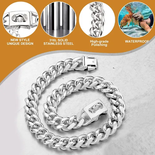 Vista 4 de Collar de cadena para perro, collar de acero inoxidable resistente de 0.394 pulgadas con eslabones cubanos, cadena de metal para perro con hebilla a