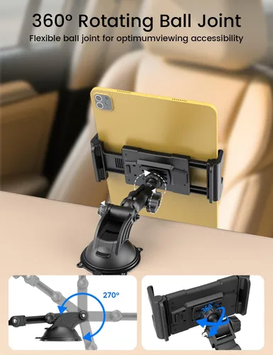 Vista 3 de OHLPRO Soporte para tablet para tablero de automóvil y parabrisas, soporte para iPad con ventosa, rotación de 360°, soporte retráctil ajustable