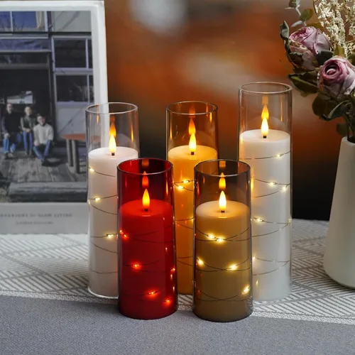 Vista 6 de Velas sin llama, funcionan con pilas, 5 velas LED acrílicas parpadeantes con control remoto, con cadena de estrellas incrustada, vela de pilar sin
