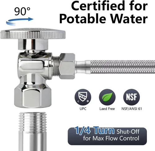 Vista 3 de Válvula de Parada Angular WiseWater 1/2" FNPT x 3/8" OD de Compresión, Válvula de Cierre de Inodoro de Cuarto de Vuelta de Latón Cromado para Baño