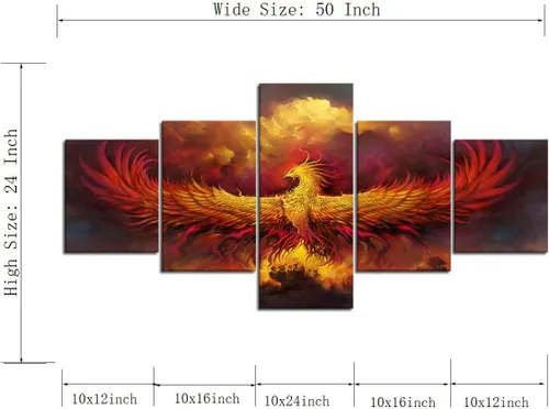 Vista 6 de 5 piezas de pintura sobre lienzo ardiente de fénix dibujado en estilo heráldico fuego fénix arte de pared vintage impresiones obras de arte arte