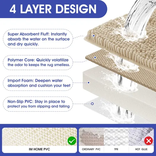 Vista 4 de ACCUMTEK - Juego de alfombras de baño a rayas beige de 3 piezas, ultrasuaves, antideslizantes de chenilla, alfombras de baño mullidas y absorbentes