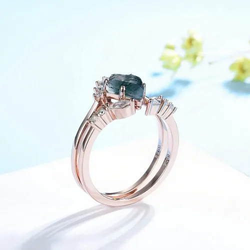 Vista 3 de Anillo de plata de ley 925 con piedra preciosa de musgo natural para mujer, corte de cometa, juego de anillos de compromiso de plata 925, Plata
