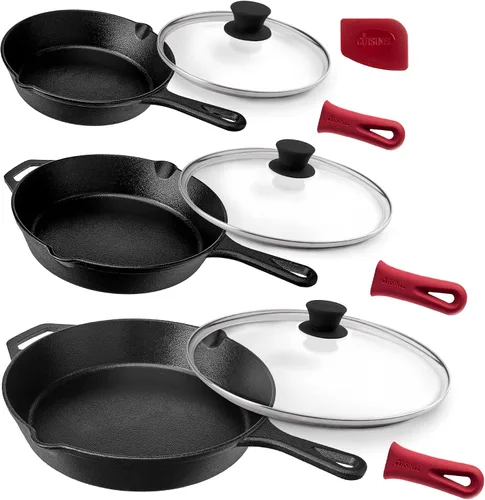 Vista 12 de Sartén de hierro fundido de Cuisinel con tapa - Sartén para freír pre-sazonada de 10" pulgadas + cubierta de vidrio + soporte para mango resistente