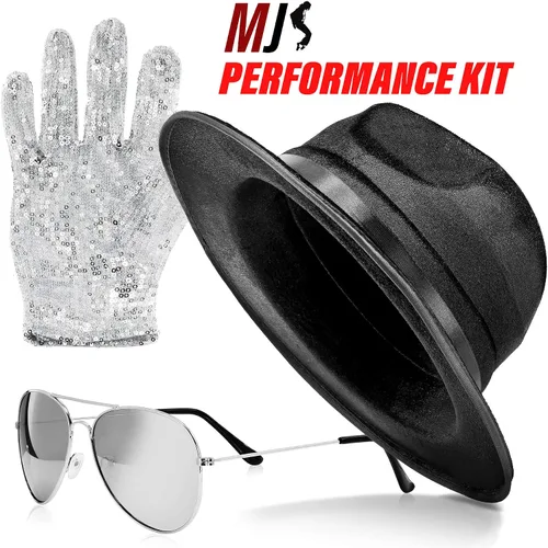 Vista 2 de Disfraz de King of Pop MJ con accesorios Bad LP sombrero Fedora negro guante de lentejuelas plateadas lentes de sol de aviador y tarjeta
