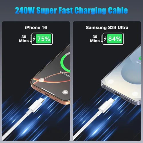 Vista 3 de QZIIW - Cable USB C a USB C de 240 W, paquete de 3 cables de carga rápida Blanco