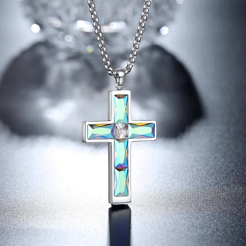 Vista 54 de Collar de cruz para hombre, piedras preciosas de color piedra natal de circonita cúbica, collar de acero inoxidable para hombre, cadena de 24