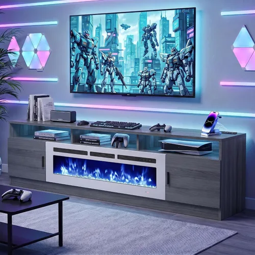 Vista 10 de MXV - Soporte de TV con chimenea de 70 pulgadas con toma de corriente para televisores de hasta 80 pulgadas, centro de entretenimiento con chimenea