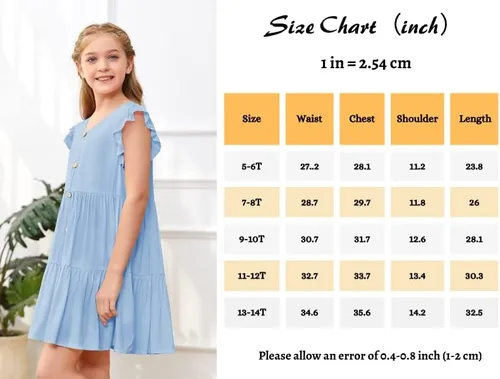 Vista 6 de Mafulus Vestido de manga con volantes para niñas, cuello en V, botones, escalonado, acampanado, vestido de verano para la playa, 5-14T
