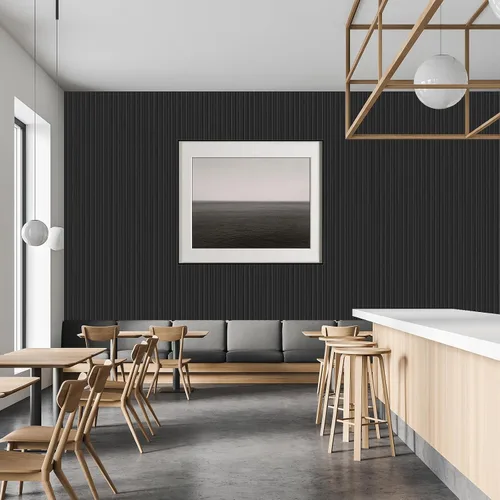 Vista 5 de Paquete de 8 paneles de pared con listones 3D, paneles de pared de madera sintética insonorizados para decoración de interiores, 47.2 x 6.3 Negro