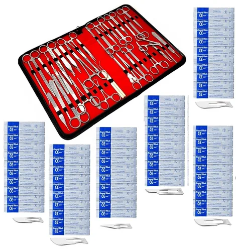 Vista 3 de Kit de 157 instrumentos de veterinaria de la marca OdontoMed2011. Tijeras. Forceps. Porta-agujas. Bisturí Handel. ODM de acero inoxidable