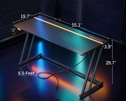 Vista 3 de MOTPK Escritorio para juegos de 55 pulgadas con luces LED y toma de corriente, escritorio de computadora para espacios pequeños, mesa