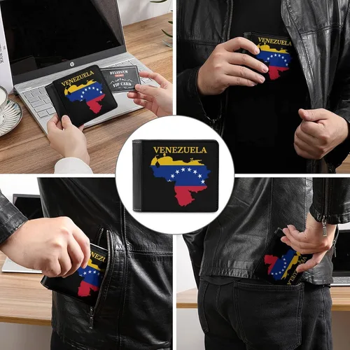 Vista 3 de Cartera de cuero para hombre con bandera de mapa de Venezuela con 6 bolsillos para tarjetas de crédito