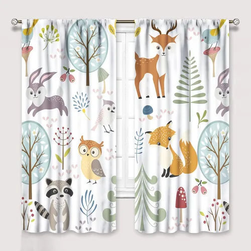 Vista 14 de YCness Cortinas para niños y niñas, diseño de animales de la selva, bosque de otoño, dibujos animados, ciervos, conejos, zorros, búhos, cortinas