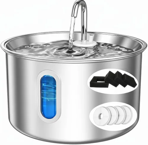 Vista 9 de Fuente de agua para gatos de acero inoxidable, fuente de agua para mascotas de 3 L/101 onzas con sistema de filtración circulante de 5 etapas
