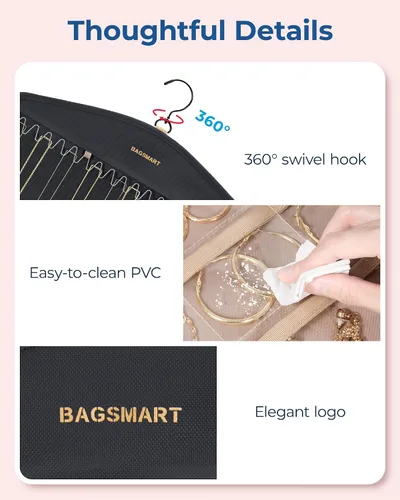 Vista 5 de BAGSMART Organizador de Joyas Colgante con Ganchos de Metal con Percha, Soporte de Joyería de Doble Cara para Organizar Aretes, Collares, Anillos