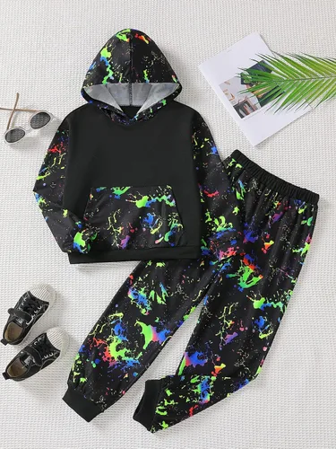 Vista 4 de Floerns Conjunto de 2 piezas con capucha y pantalones deportivos de manga larga con estampado de tinta reflectante
