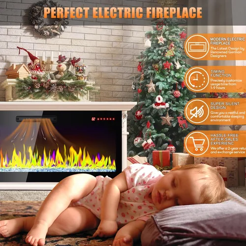 Vista 6 de Chimenea eléctrica, 50 pulgadas, empotrada y montada en la pared, calentador eléctrico de 1400 W con controles remotos, 16 colores de llama