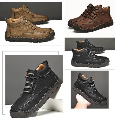 Vista 3 de BlackeEight Zapatos de senderismo retro de altura media para hombre, ligeros, costuras a mano, suela suave, antideslizantes, con cordones