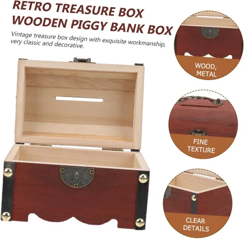 Vista 3 de Caja de almacenamiento de madera con cerradura de casillero, 1 unidad, caja de madera de ahorro, alcancía para niños, caja de alcancía para niños