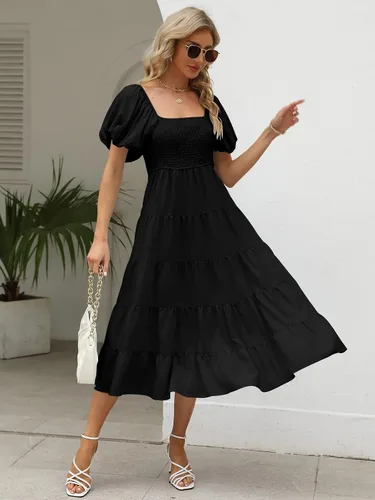 Vista 5 de LILLUSORY Vestido maxi elegante de verano de manga corta con hombros descubiertos para mujer