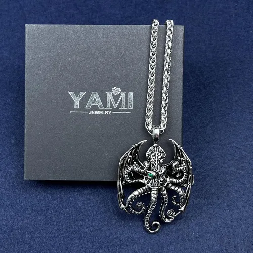 Vista 46 de YAMI Collar de alas angulares para hombre, ángel de la guarda, dragón, cuervo, pulpo, collar de anime, collar de acero inoxidable 316