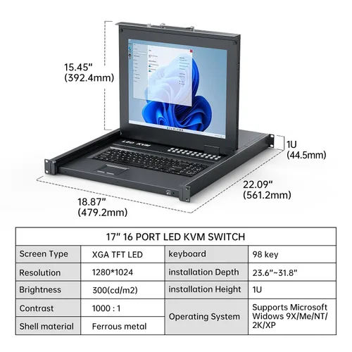 Vista 7 de MT-VIKI Conmutador KVM para rack con monitor LCD de 17 pulgadas, conmutador KVM VGA de 16 puertos con monitor táctil de teclado, apto para rack