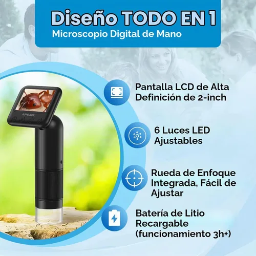 Vista 2 de APEXEL 800X Microscopio digital de mano con pantalla LCD de 2 pulgadas, microscopio portátil de bolsillo con luces LED ajustables, microscopios