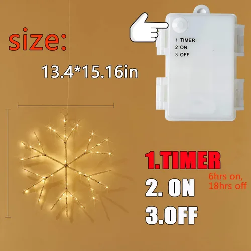 Vista 3 de Fudios Luces LED de copo de nieve iluminadas de color blanco cálido, funciona con pilas, con temporizador, 70 L, guirnalda de luces de 14 pulgadas