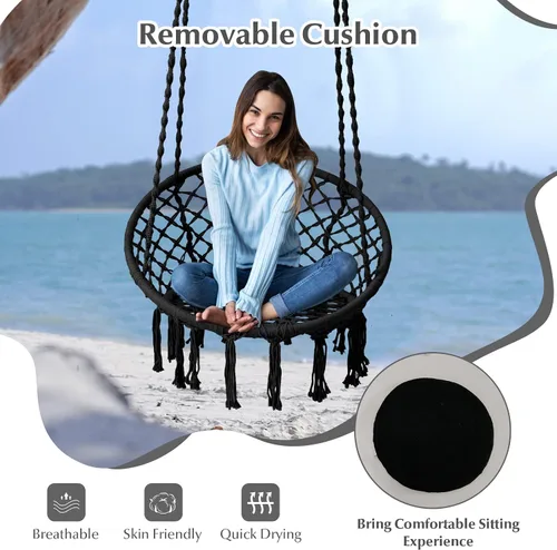 Vista 7 de Tangkula Silla hamaca con cojín, estilo bohemio de macramé con kit de accesorios para colgar y correa, columpio de cuerda colgante para interiores