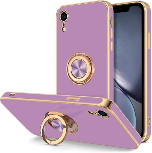 Vista 8 de Hython Funda para iPhone XR con soporte de anillo [soporte de anillo giratorio de 360° con soporte magnético] chapado en oro rosa brillante borde