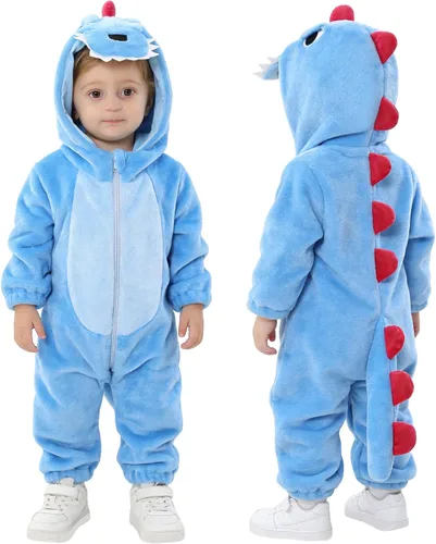 Vista 13 de TONWHAR - Disfraz de dinosaurio para niños pequeños, mameluco de animal para Halloween para niños y niñas Verde militar