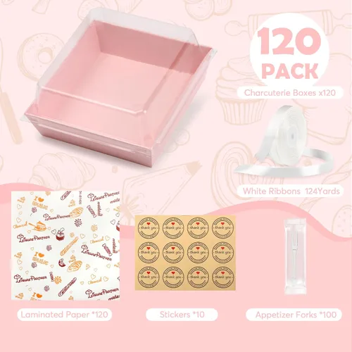 Vista 2 de 120 Cajas Pequeñas de Charcutería con Tapas Transparentes - Cajas Mini de Charcutería de Papel Desechable de 5 Pulgadas, Cajas de Postres