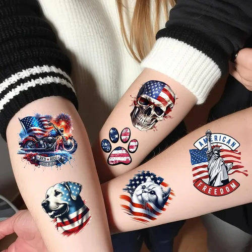 Vista 5 de 49 tatuajes patrióticos estadounidenses del 4 de julio, tatuajes temporales del Día de la Independencia, tatuajes temporales rojos, blancos