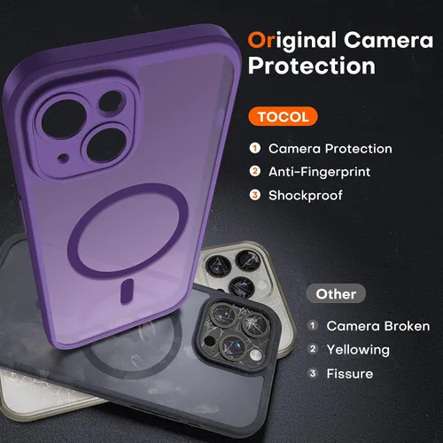 Vista 226 de TOCOL Funda magnética 3 en 1 para iPhone 15 Pro, mejorada [protección completa de cámara] con 2 protectores de pantalla, compatible con MagSafe Gris