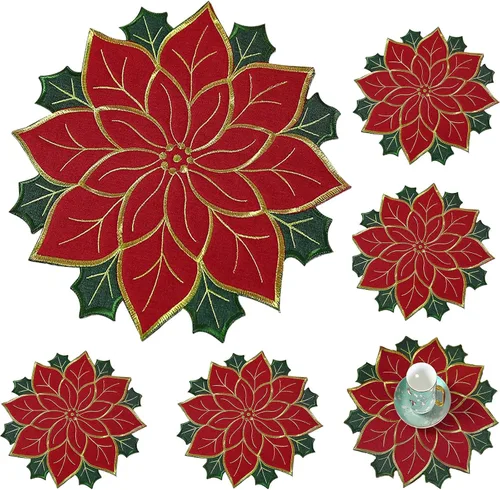 Vista 9 de Juego de manteles individuales de Navidad de 16 pulgadas, manteles individuales de flor de pascua con bordados y hojas verdes, manteles individuales
