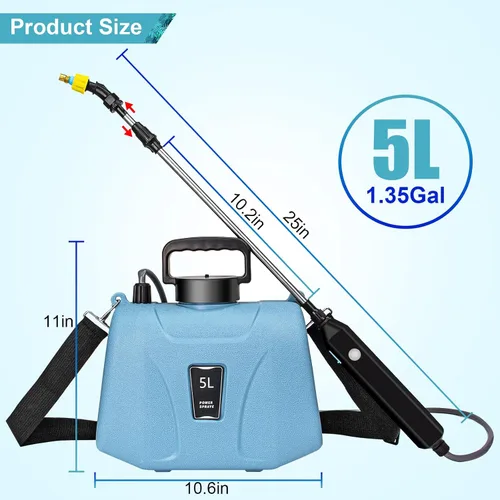 Vista 6 de SZHLUX Pulverizador a batería de 1.35 galones, pulverizador eléctrico mejorado con mango USB, varita telescópica, 3 boquillas de niebla y correa