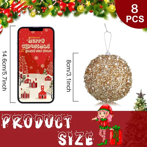 Vista 2 de BBTO 8 adornos de bola para árbol de Navidad, adornos de espuma con lentejuelas con purpurina, decoraciones para colgar para Navidad, boda, fiesta