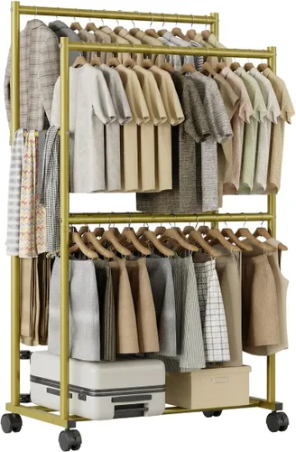 Vista 11 de Perchero de ropa de 36.2 x 21.3 x 72 pulgadas, 4 barras de doble barra de metal con ruedas para colgar ropa, perchero portátil con ruedas