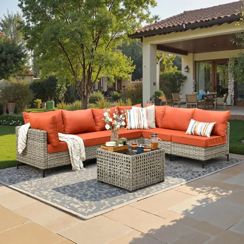 Vista 39 de ovios Muebles de patio de 8 piezas con hoguera, juego de conversación de mimbre de ratán para exteriores con mesa de centro brillante, cómodo sofá