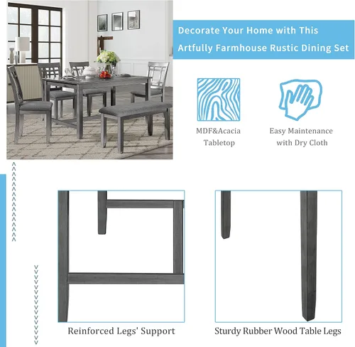 Vista 6 de Juego de mesa de comedor de madera de 6 piezas, juego de mesa de cocina con rectangular, juego de mesa de comedor con banco tapizado y 4 sillas