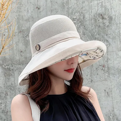Vista 2 de Sombreros de malla de verano para mujeres con protección UV de ala ancha plegables para playa tipo bucket Beige