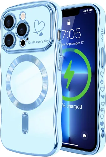 Vista 24 de LCHULLE - Funda magnética para iPhone 13 para mujeres y niñas, con forma ondulada, color azul bebé [Compatible with MagSafe] Cute Curly Wave, Love
