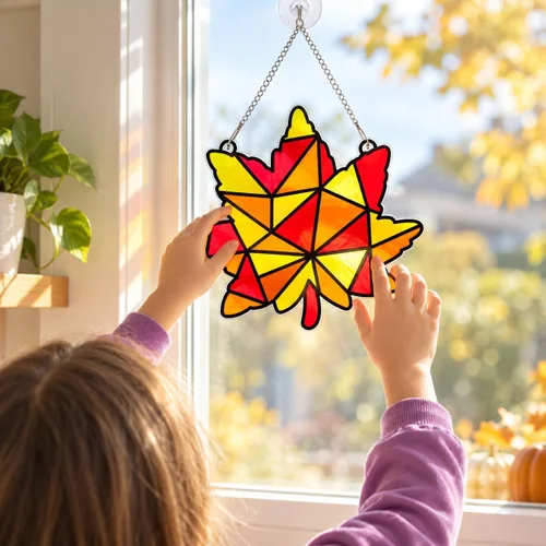 Vista 7 de Qyeahkj Manualidades de otoño Adhesivo de hojas de arce de vidrio teñido Juego de pegatinas de Acción de Gracias Hojas de arce de vidrio hechas