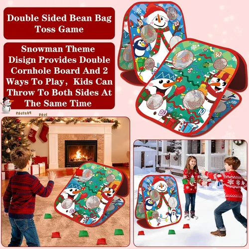 Vista 4 de Juegos de Fiesta de Navidad para Niños y Adultos, Juego de Lanzamiento de Bolsita con Tablero Plegable de Dos Caras de Estilo Cornhole con 8