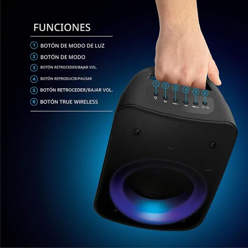 Vista 4 de Coby Altavoz Bluetooth inalámbrico, altavoz portátil con 11 modos de luz LED, entrada de micrófono integrada y radio FM para uso en exteriores